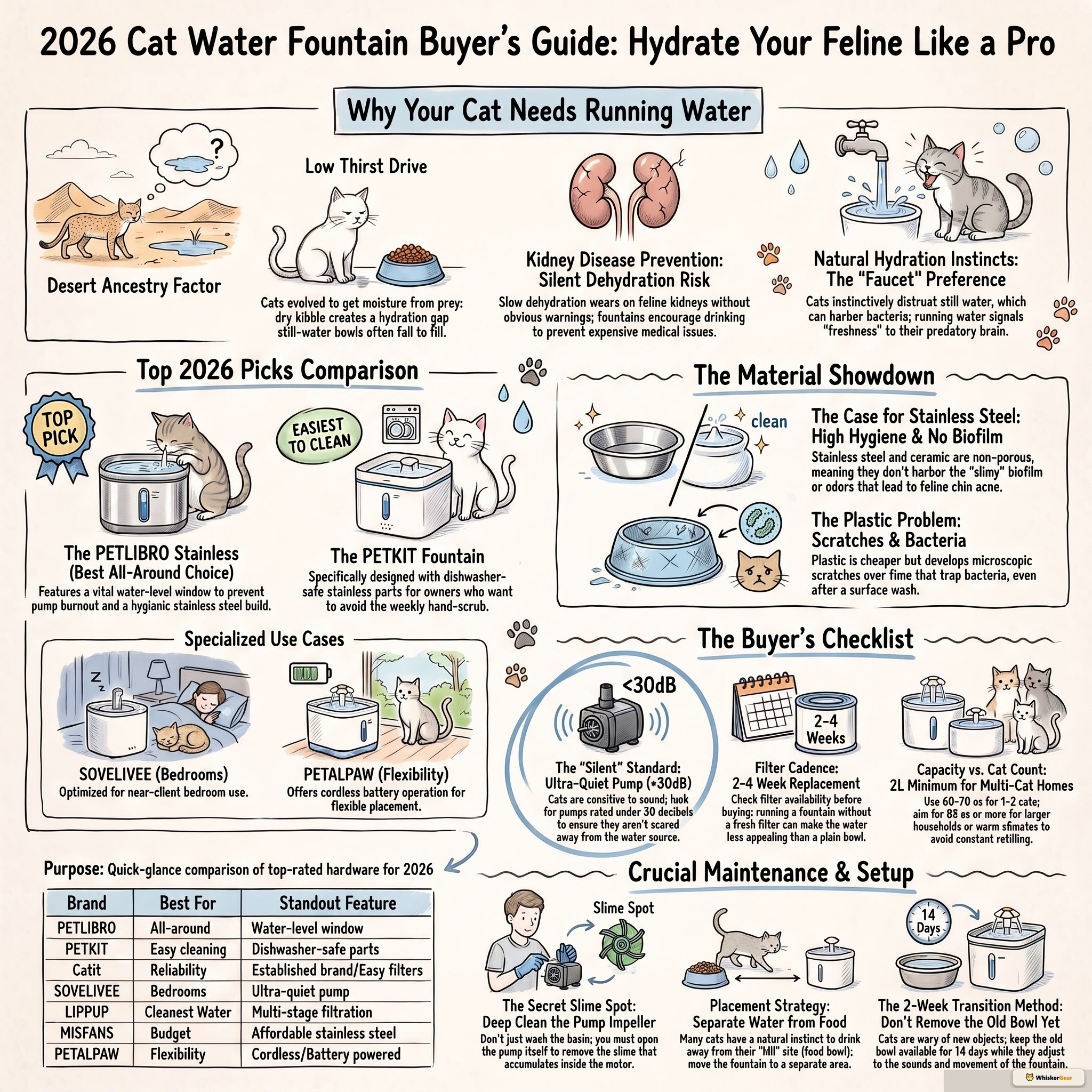 Cat water fountain filtration and quiet pump maintenance diagram
