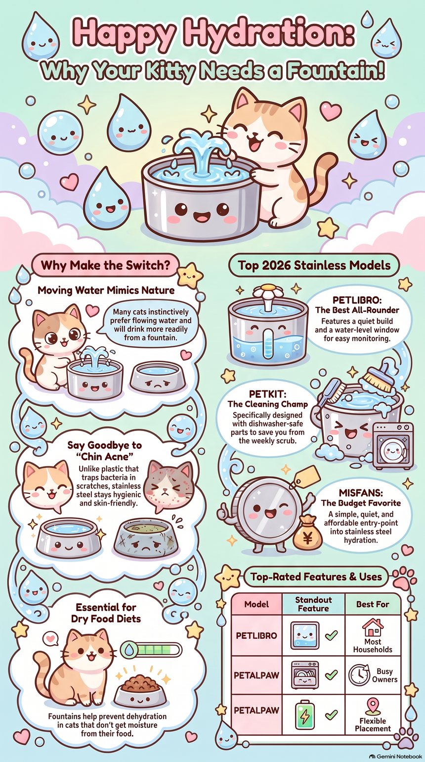 Cat Water Fountains 2026 Buying Guide Infographic: Stainless Steel vs Ceramic vs Plastic